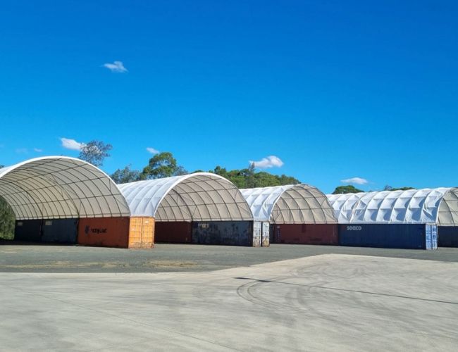 Container Dome Shelter Outdoor storage dome secured to containers in Queensland